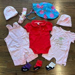 Bundles, set of 10: New born baby girl- onesie, hats, socks, hair band, overalls